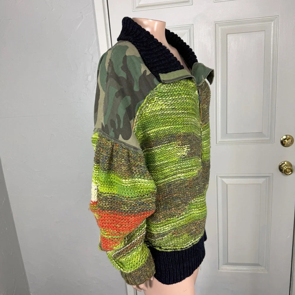 Free People Camo Clash Bomber Women's sweater Large Cotton Knit Cardigan zip Z15